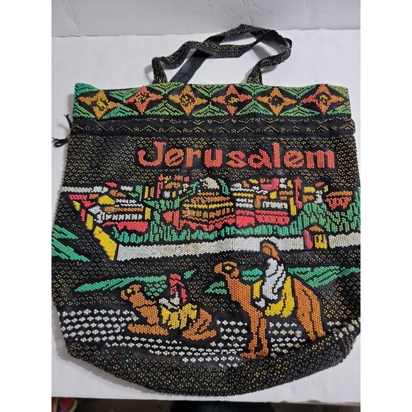 Vintage JERUSALEM Beaded Ornate Drawstring Purse Tote Bag Holy Land Mosque Camel - Picture 2 of 7